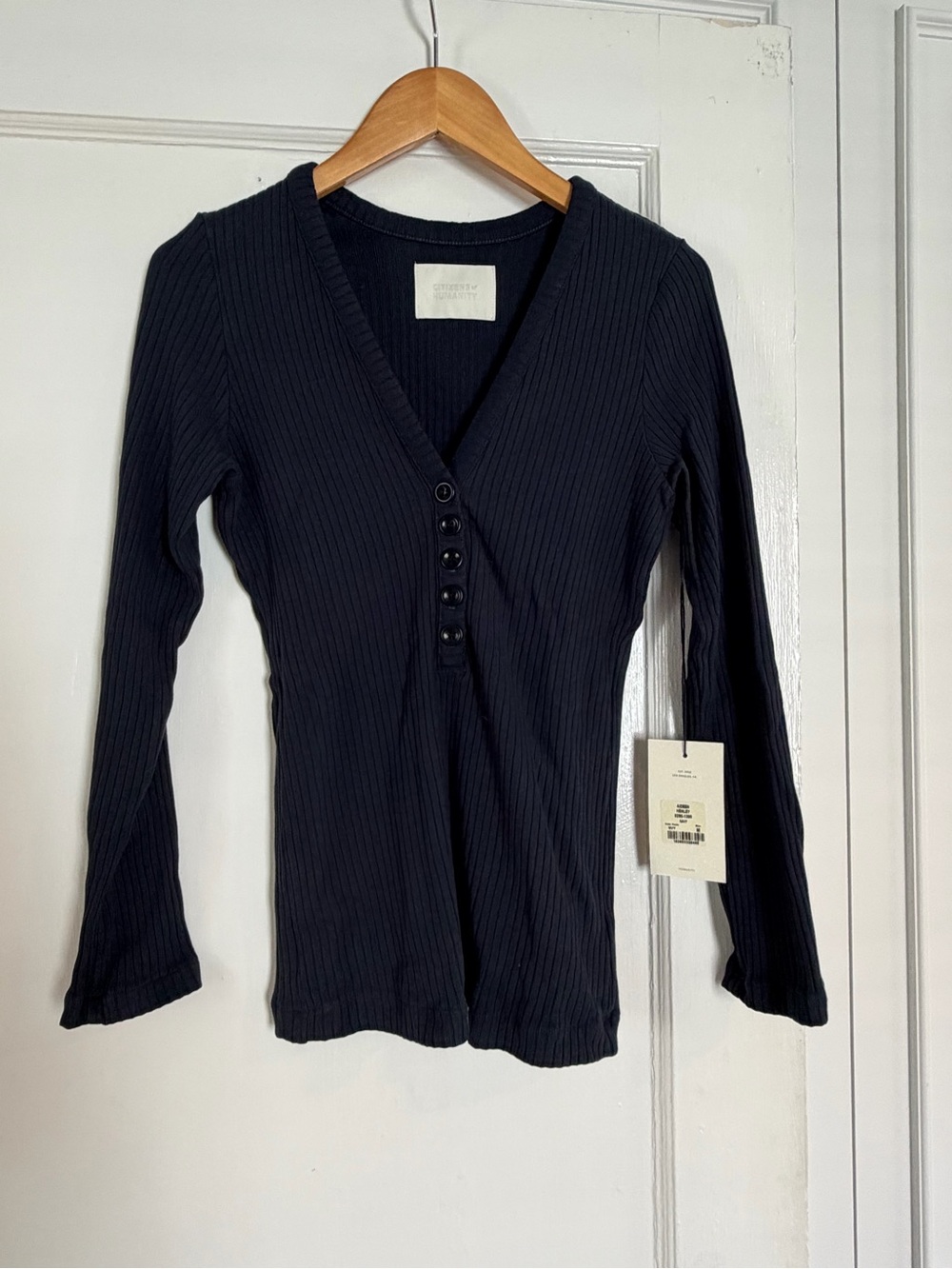 NWT Citizens of Humanity Ribbed V-Neck Henley Long-Sleeve Top - Navy Blue size M